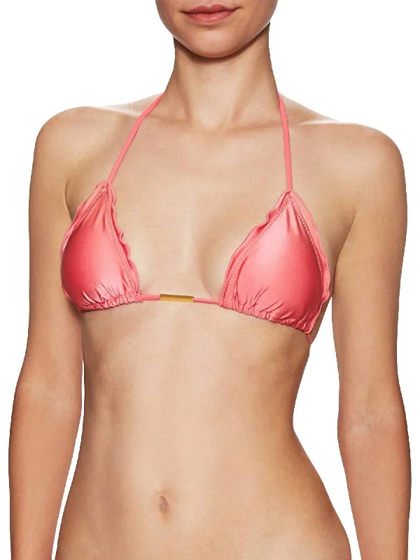 Women's Ripple Tri Cup Halter Tie Strap Bikini Top In Guava Pink