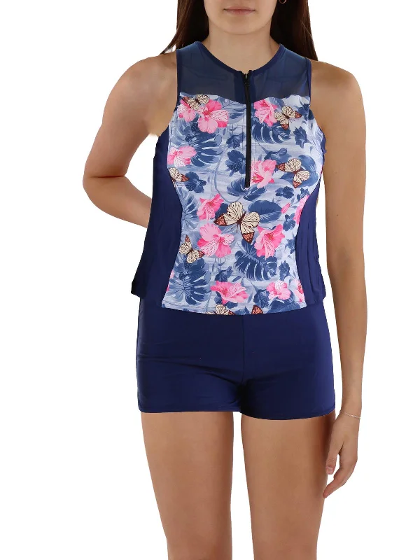 Womens Tropical Print Mesh Tankini Swimsuit